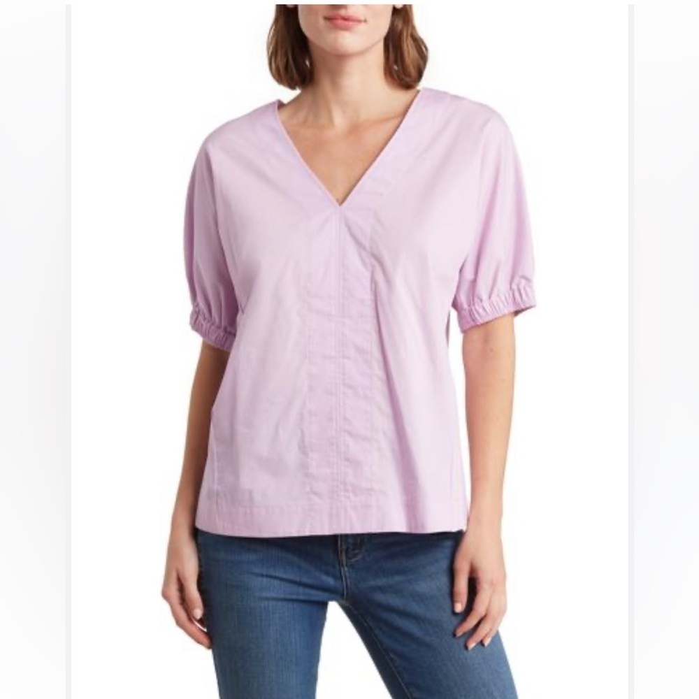 Donna Karan Cotton Puff Short Sleeve V-Neck Blouse In Lavender  Size XS
